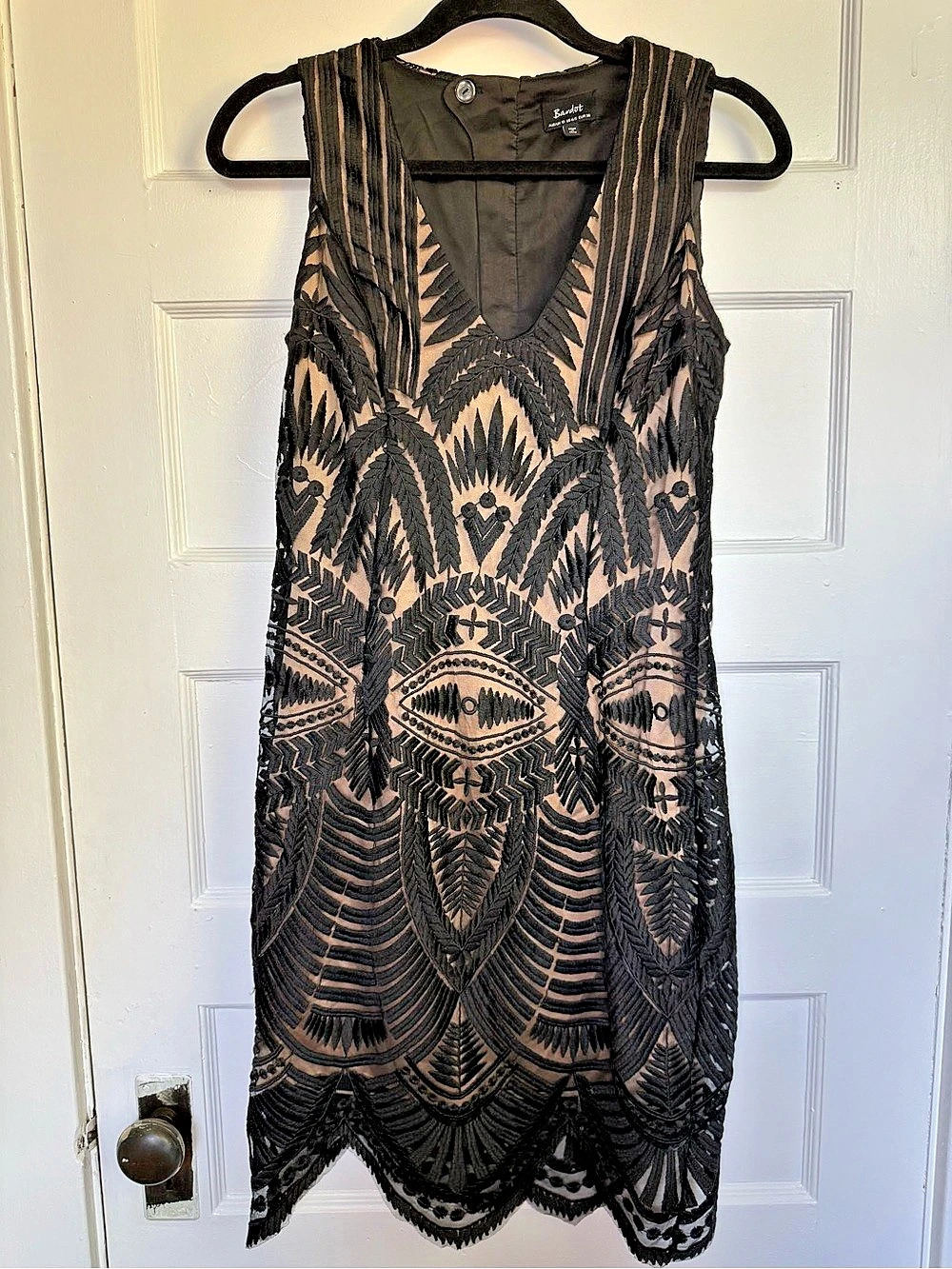 Bardot Art Deco Embroidered Nude & Black Mesh Dress Contemporary Flapper Small 6